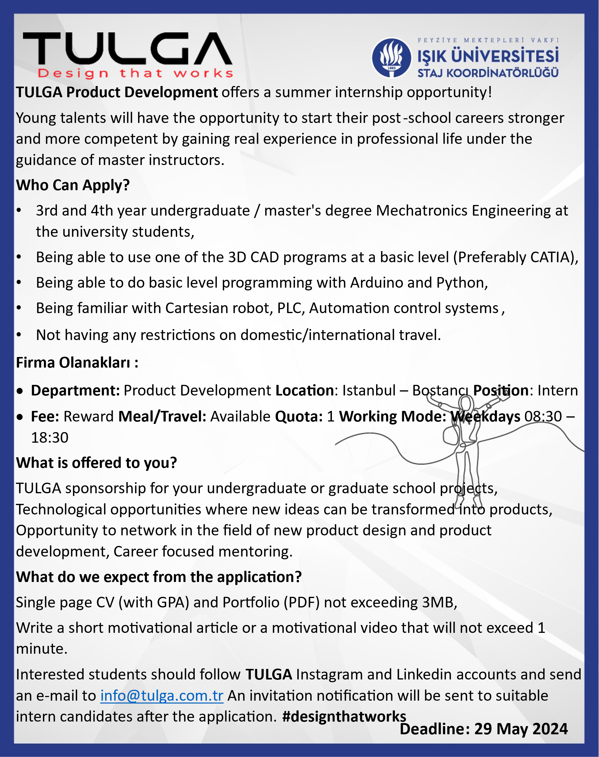 TULGA Design Mekatronik Müh. Staj Fırsatı / TULGA Design Mechatronics Eng. Internship Opportunity