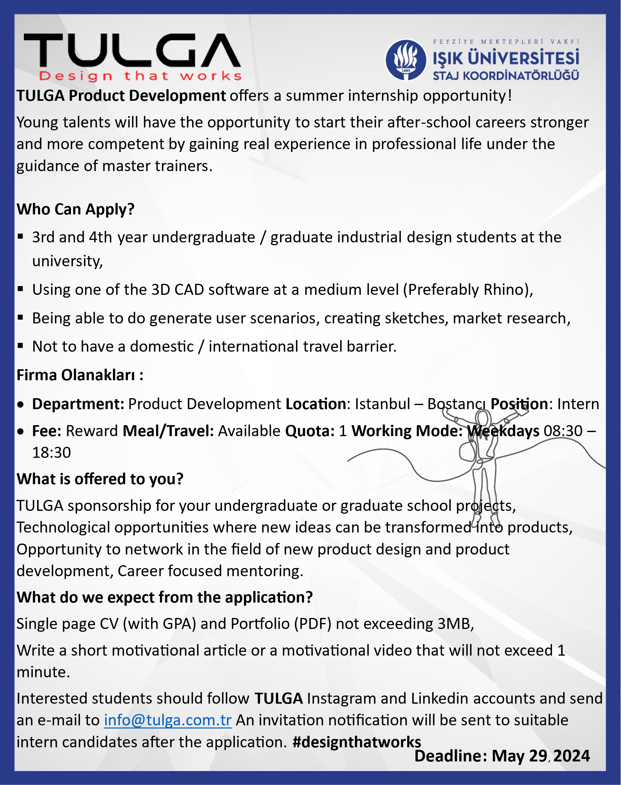 TULGA Design Endüstriyel Tasarım Staj Fırsatı / TULGA Design Industrial Design Internship Opportunity