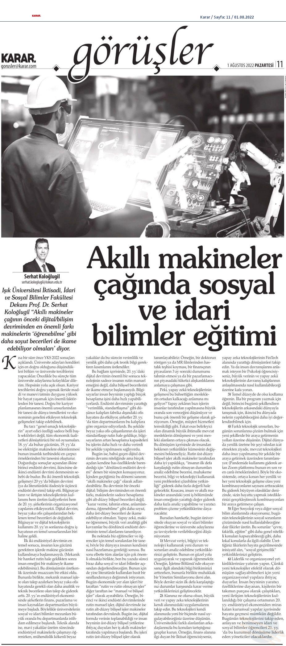 Akıllı makineler çağında sosyal ve idari bilimler eğitimi (Karar Gazetesi)